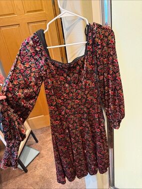 In Bloom Black Floral Square-Neck Long Sleeve Mini Dress